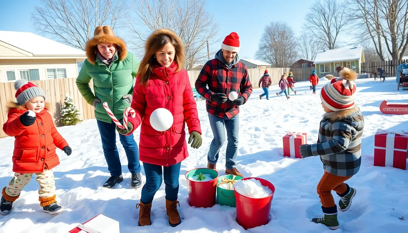 family playing outdoor Christmas games in the snow.