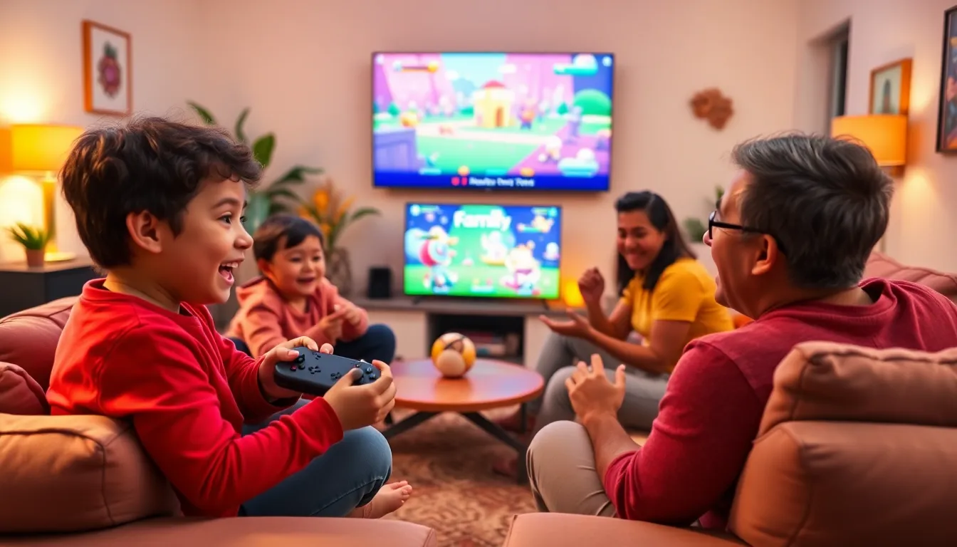 family playing video games together in a cozy living room.