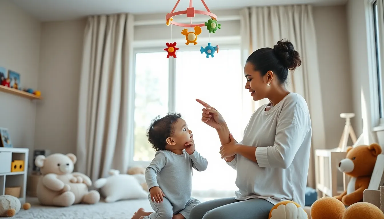 diverse family interacting with a baby in a modern nursery.