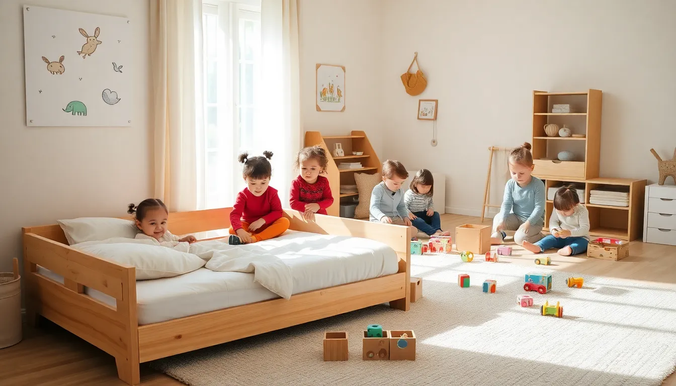 Montessori nursery with a toddler floor bed and children playing.