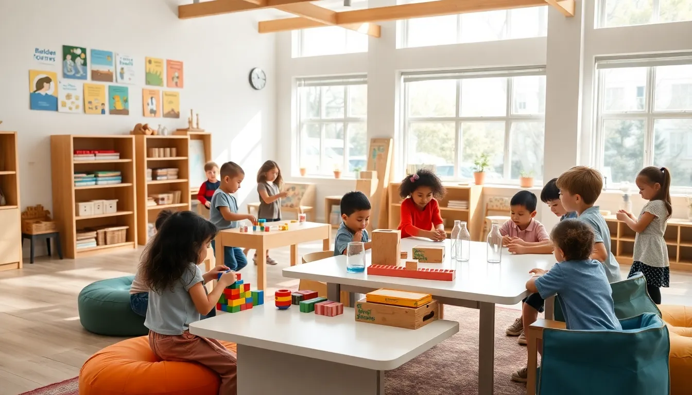 Montessori classroom with children engaging in hands-on learning activities.