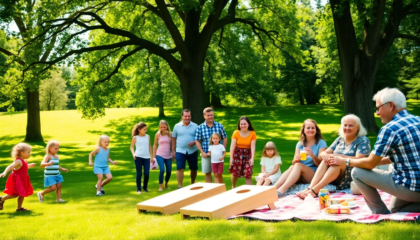 family playing games at an outdoor reunion.