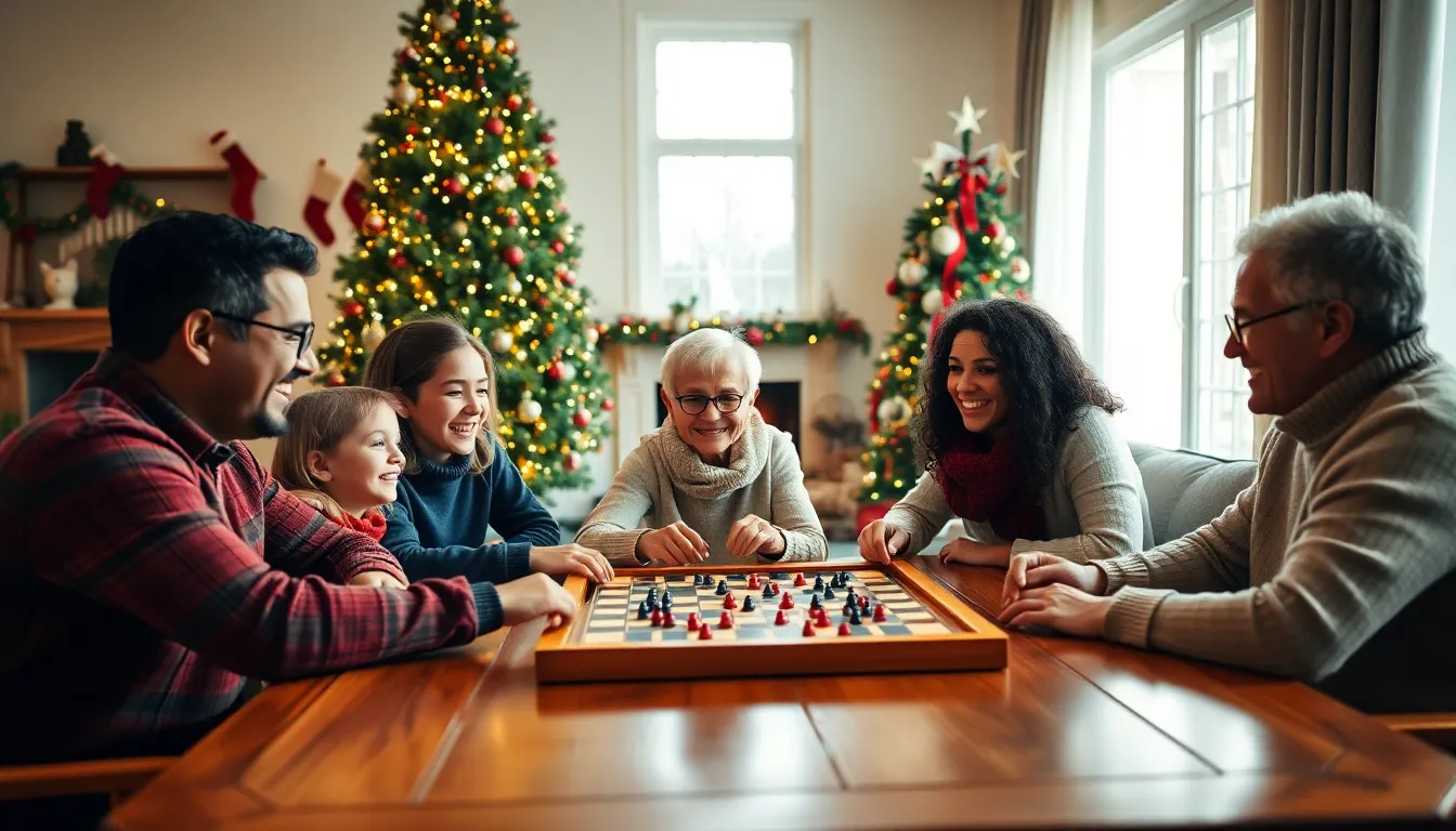 family playing games together in a festive Christmas setting.