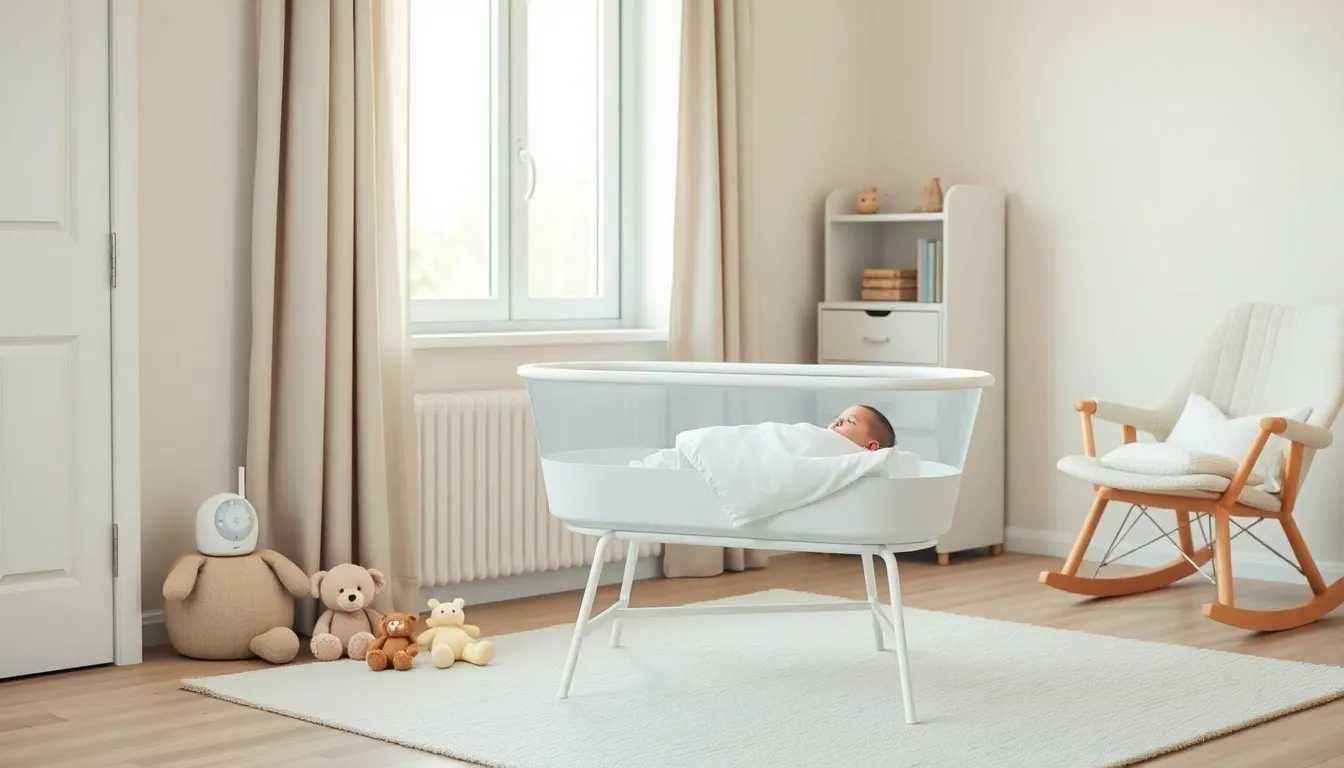 a modern nursery with a sleeping baby in a stylish bassinet.