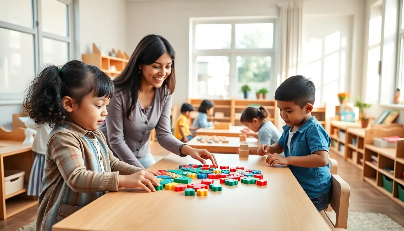 young children exploring and learning in a vibrant Montessori classroom.