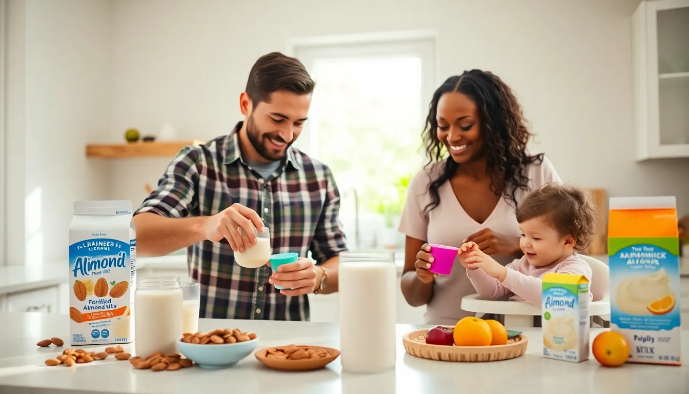 Parents preparing almond milk for toddlers in a bright kitchen.