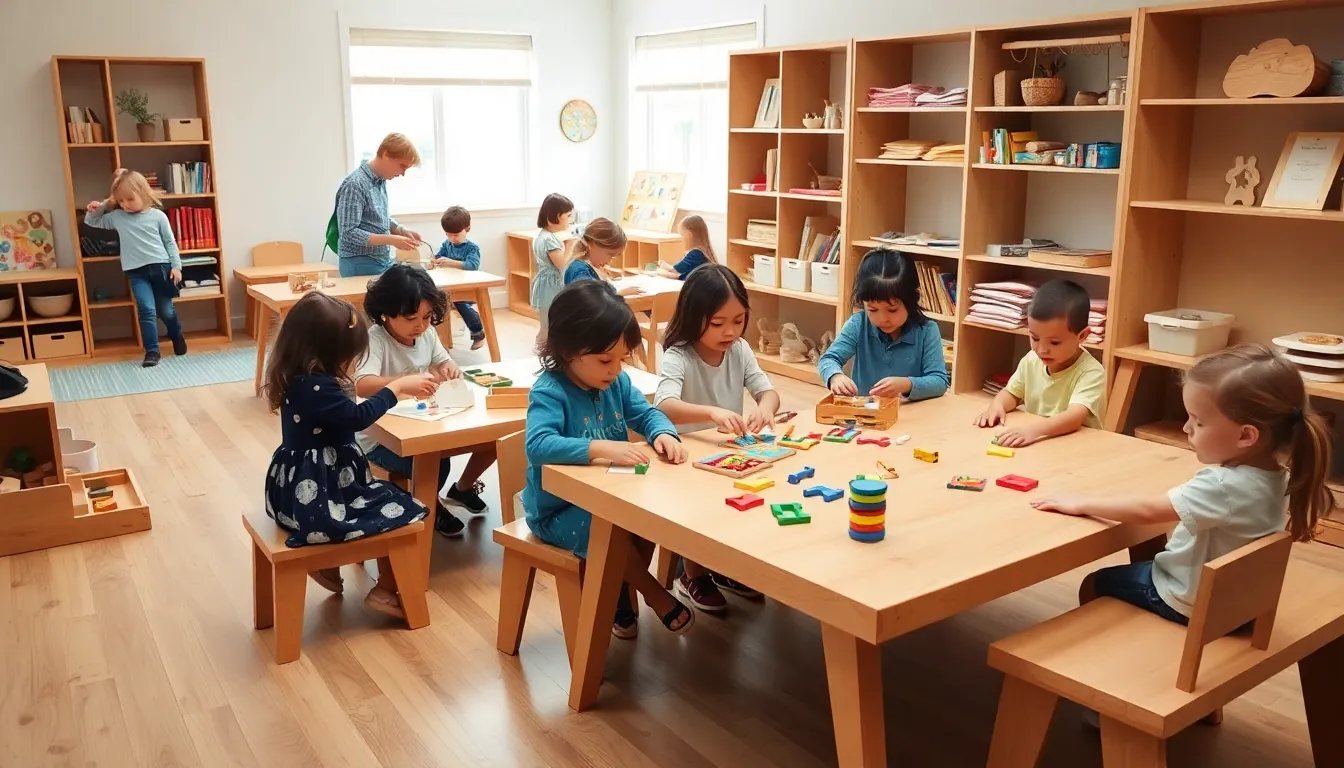 children engaged in hands-on Montessori play in a colorful classroom.